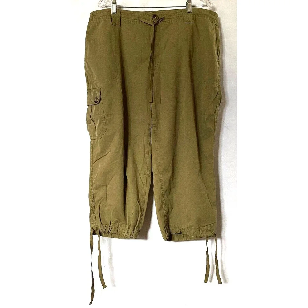 Liz Claiborne Capris 20W Olive Green Sloane Cargo Drawstring Waist Legs Lyocell - Picture 1 of 13